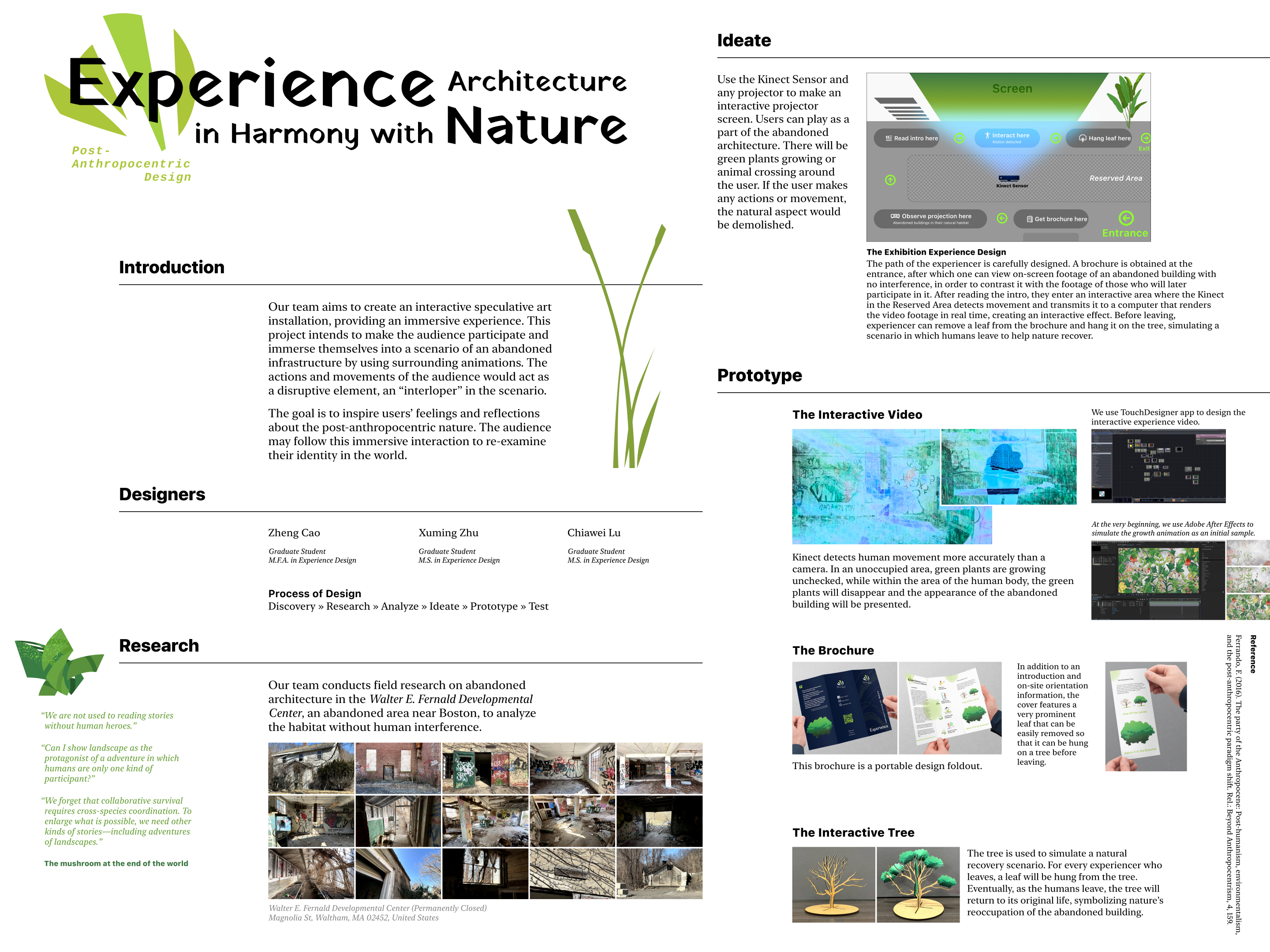 Poster for &ldquo;Post-Anthropocentric Design: Experience Architecture in Harmony with Nature,&rdquo; showcasing design elements and project details.