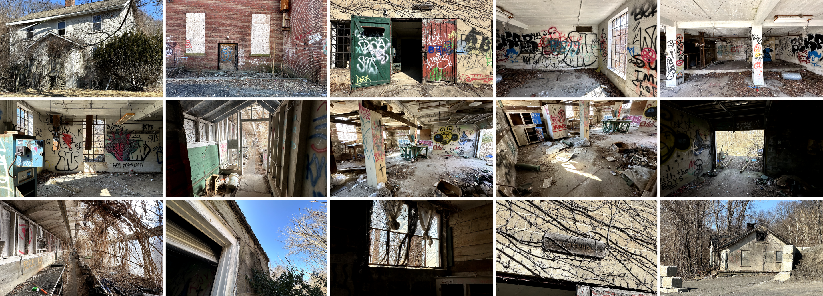 Photographs of the abandoned Walter E. Fernald Developmental Center, used for field research in the project.