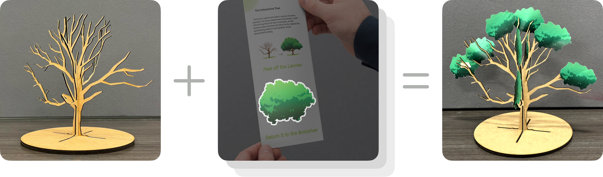 Interactive tree used in the art installation, where visitors can hang removable leaves.