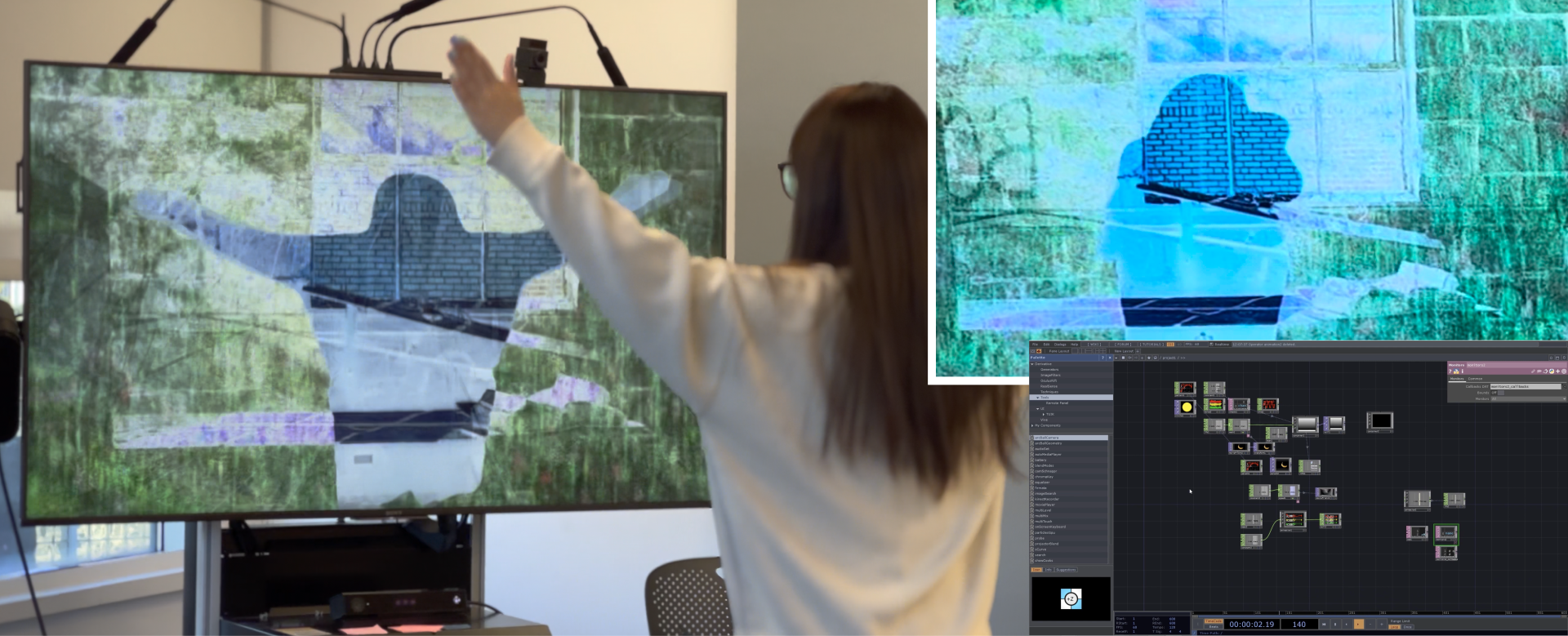 Interactive video created with TouchDesigner, showing how Kinect detects human movement and alters the environment.