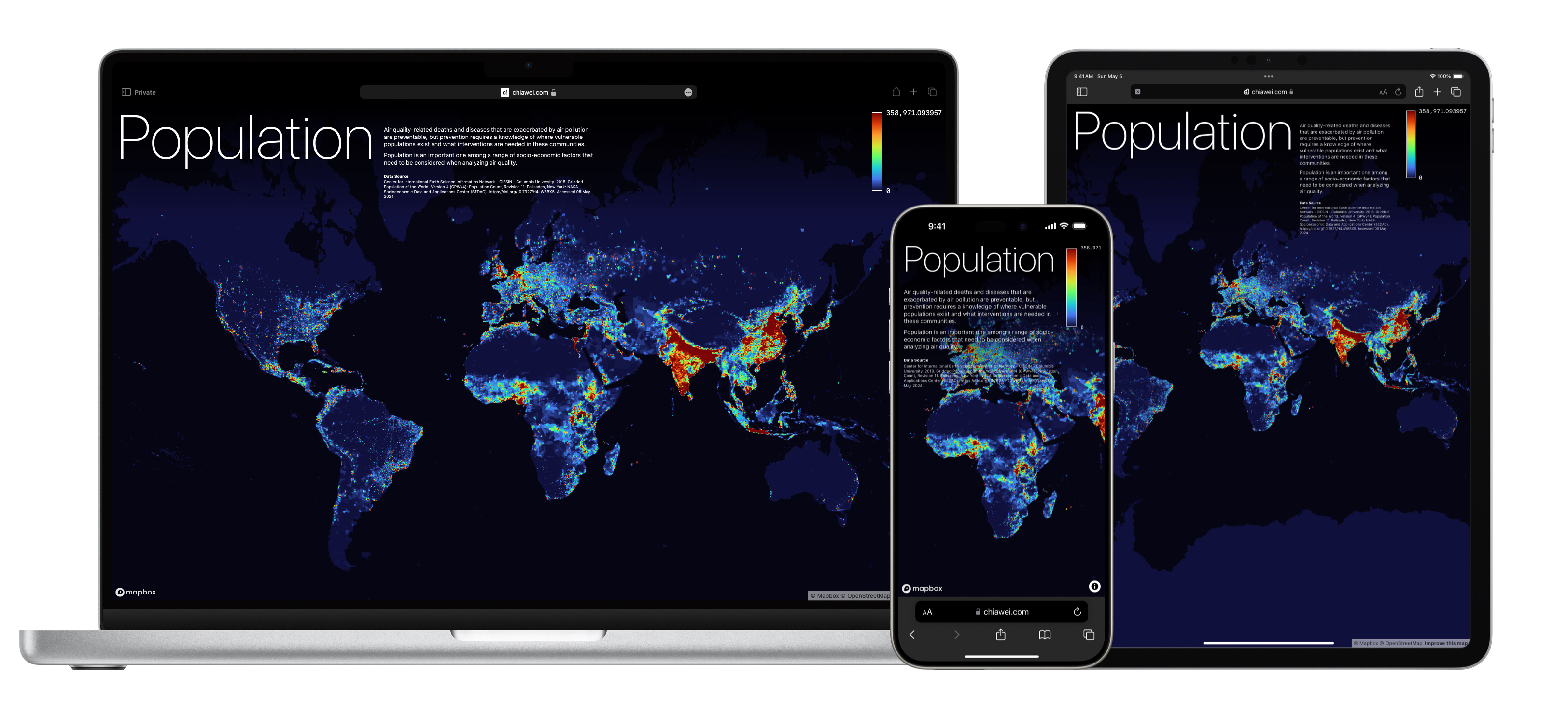 全球人口密度互动地图在笔记本电脑、平板电脑和智能手机上的显示。