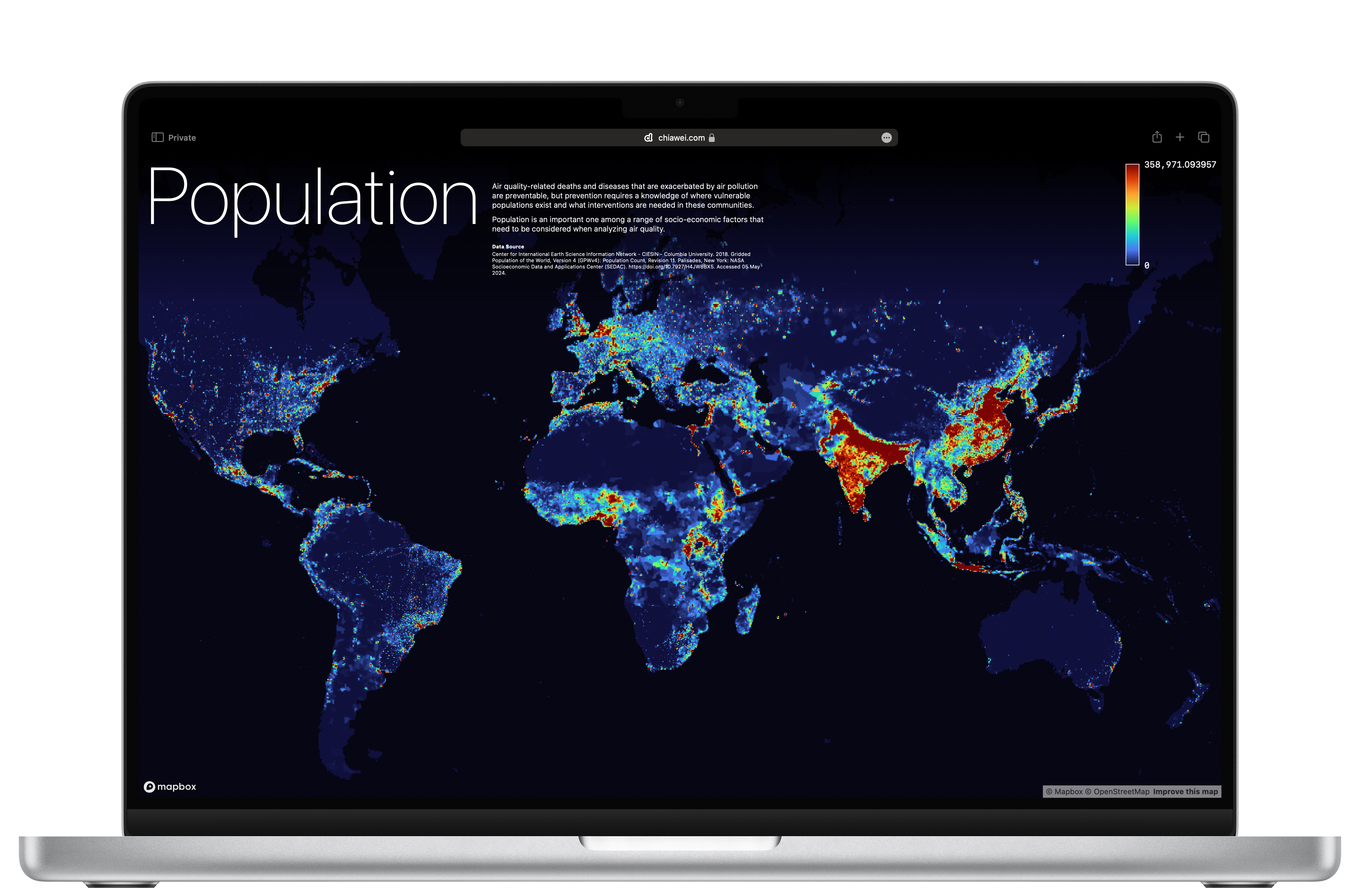 GIS 数据可视化项目最终成果的屏幕截图,通过多彩色编码在交互式数字地图上显示全球人口密度。