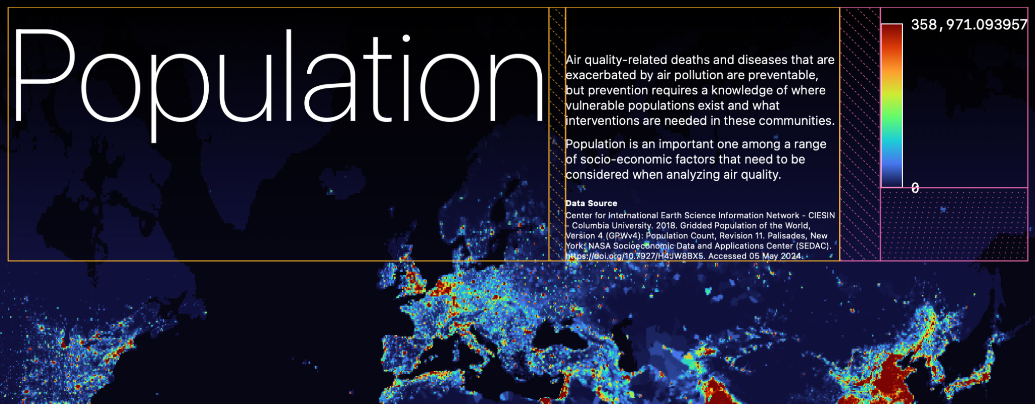 全球人口密度互动地图中精心排版的标题、描述、数据来源和图例等附加元素。