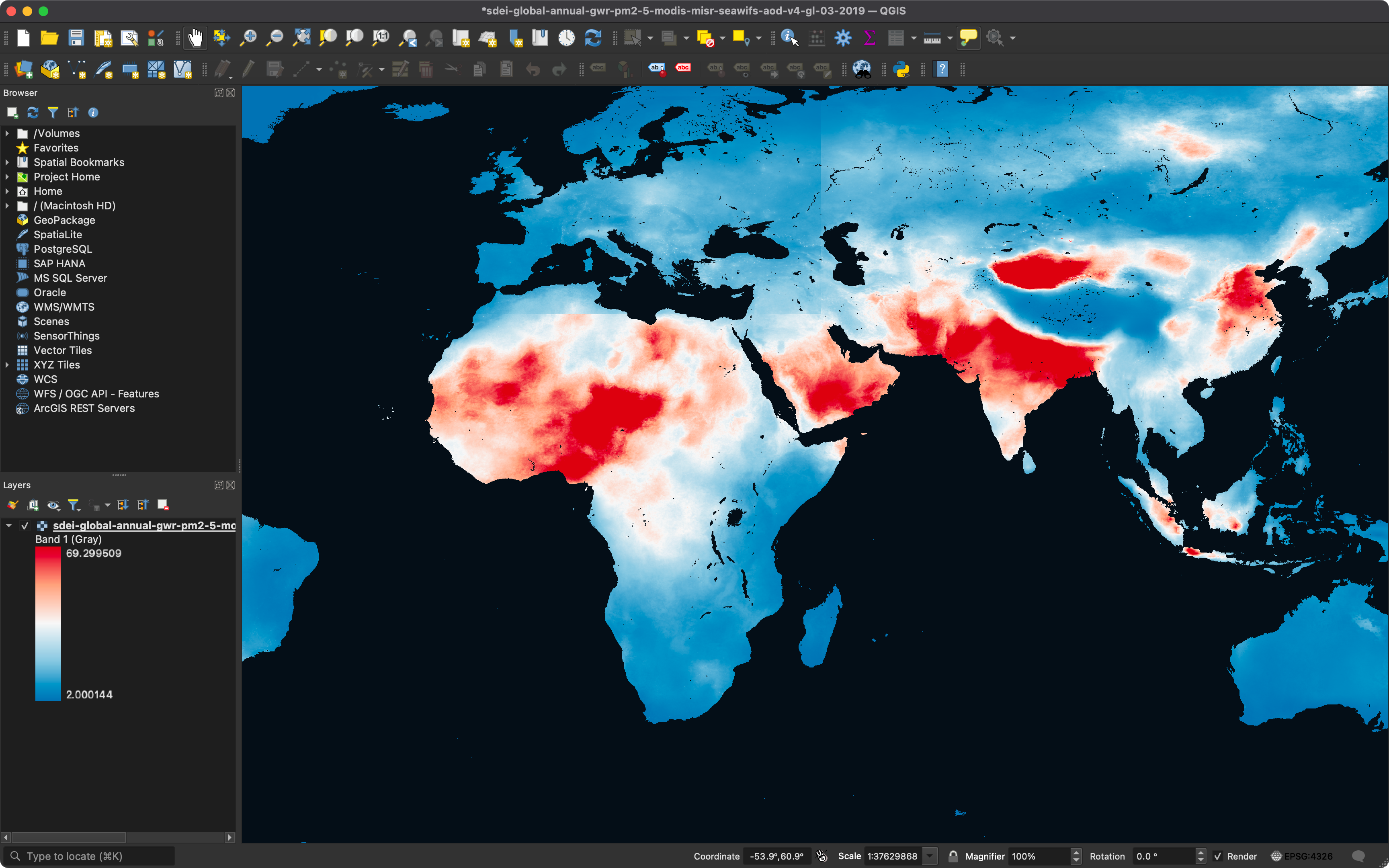 使用 QGIS 显示 PM 2.5 数据,最小值为 2%,最大值为 98%。