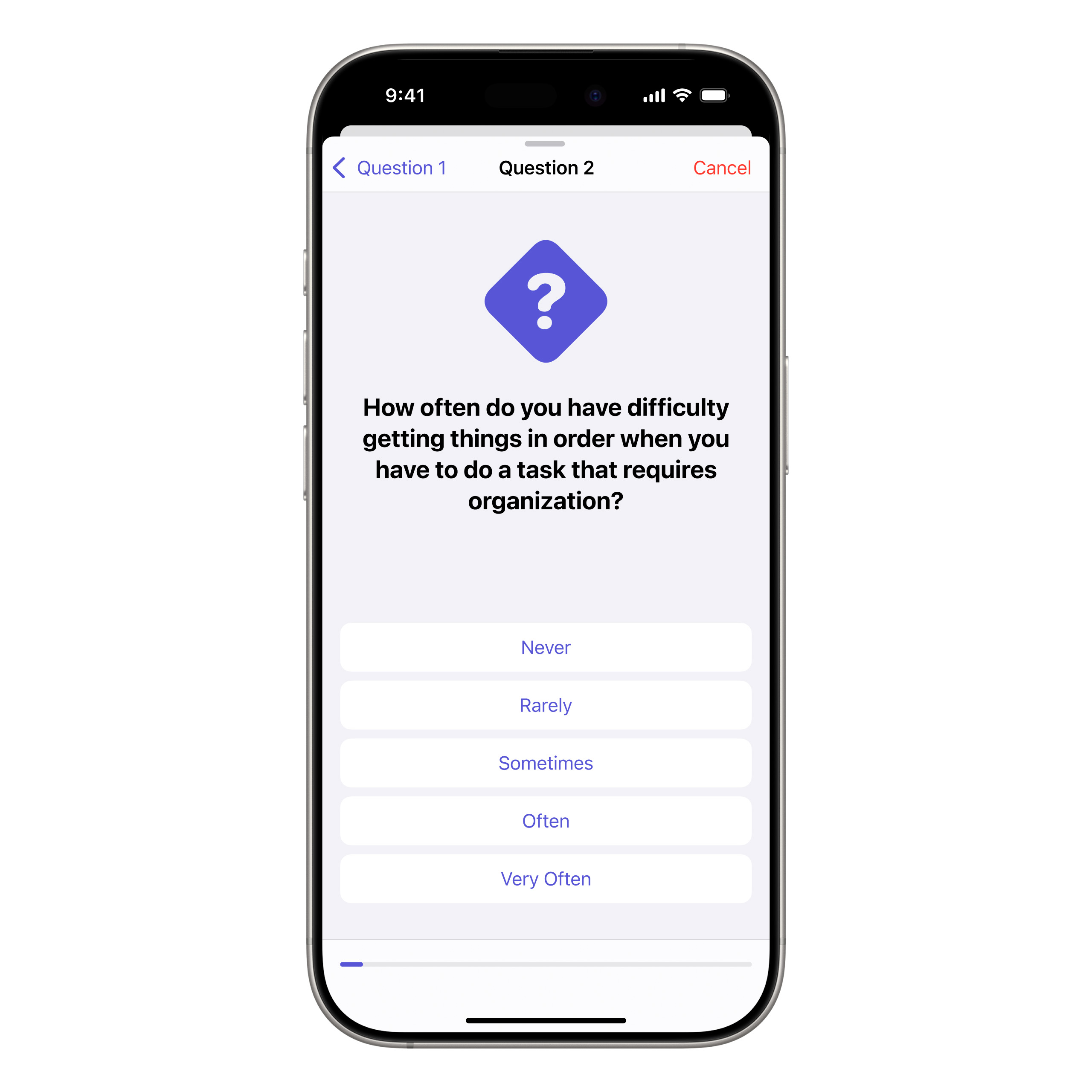 ASRS assessment screen where users can select from 5 options to answer 18 questions.