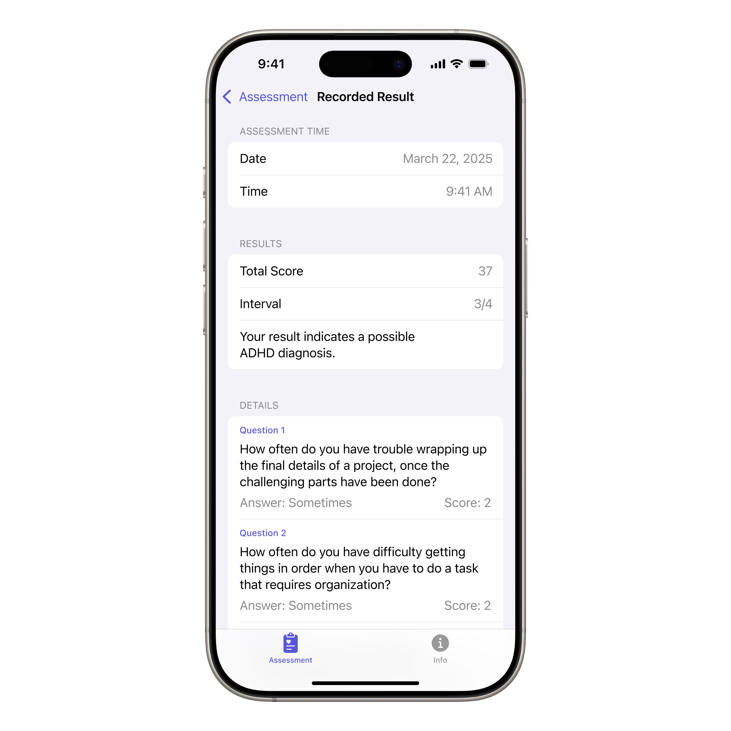 The assessment detail page displays the specific questions, user responses, and corresponding scores from a single ADHD evaluation.