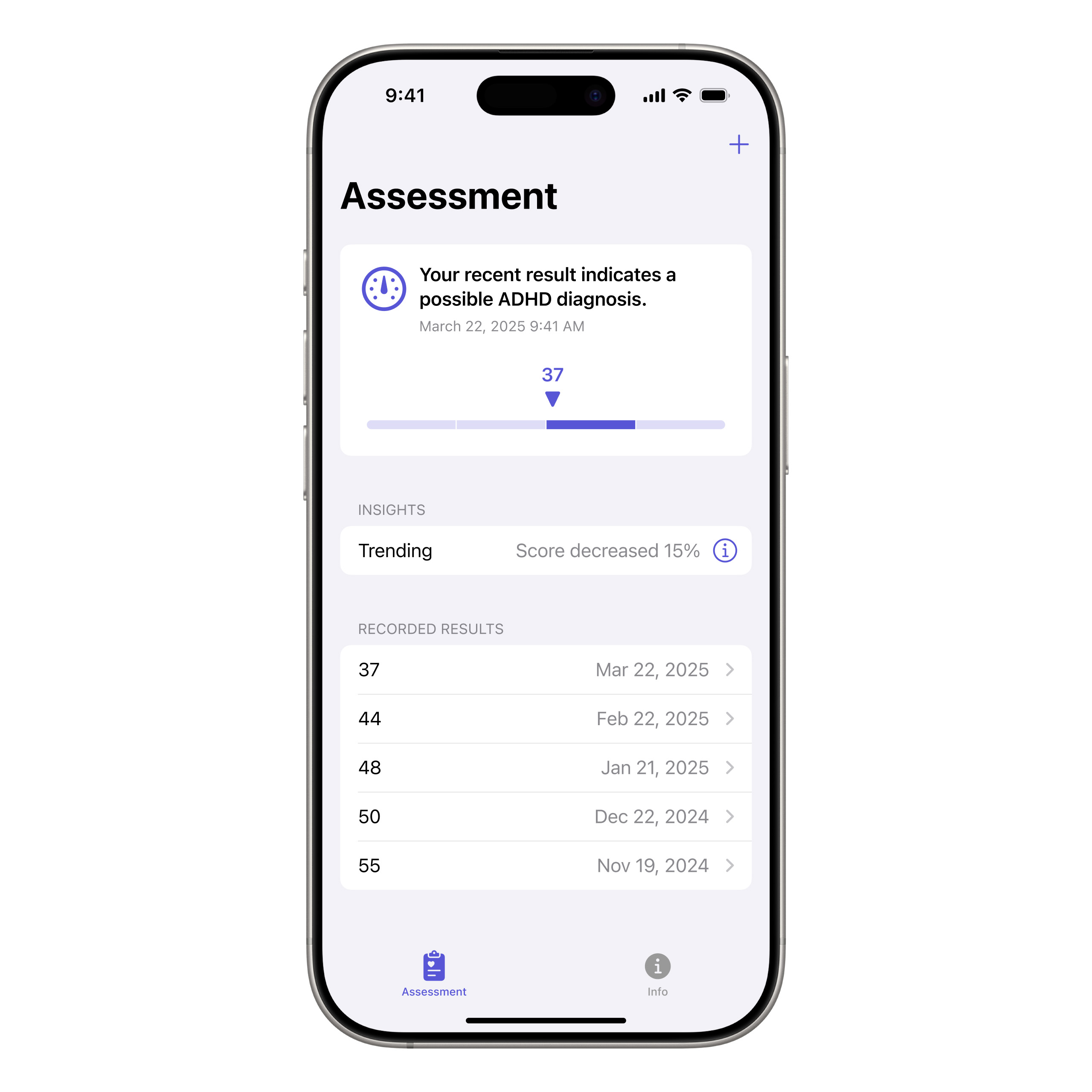 Assessment score screen showing the total ADHD score, status range, and historical data.