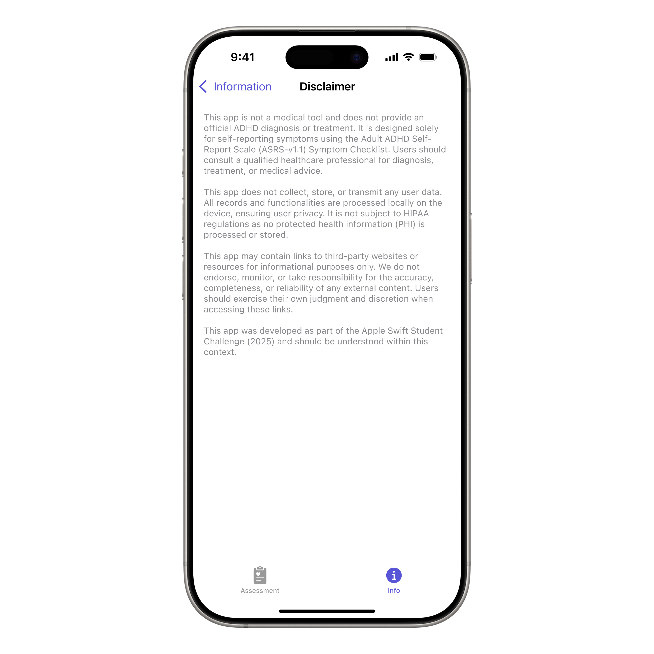 Disclaimer page explains that ADHD Tracker is for self-assessment only, not a substitute for medical advice, and includes information about data privacy.