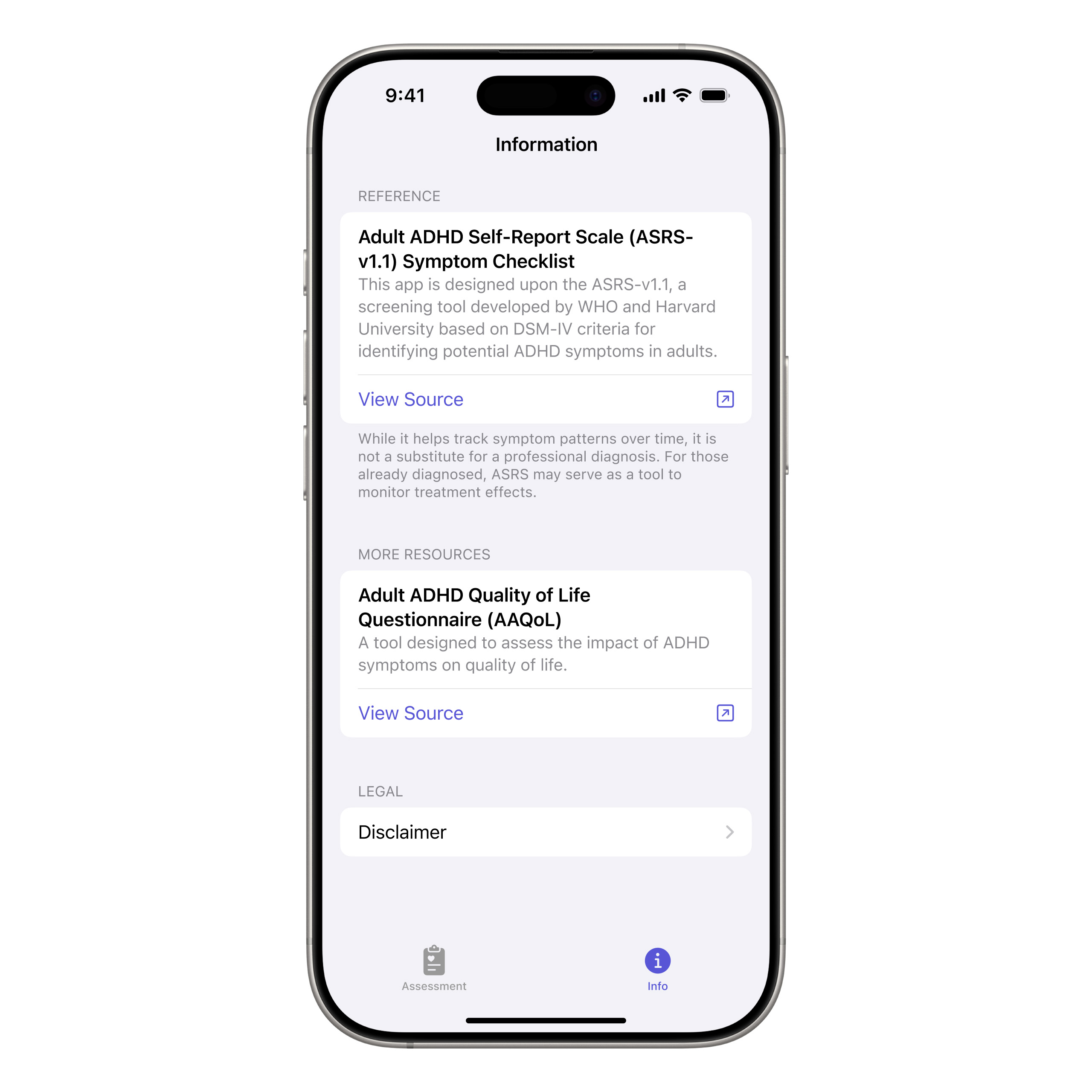 Info screen showing ADHD self-assessment sources, additional reference materials, and a disclaimer link.