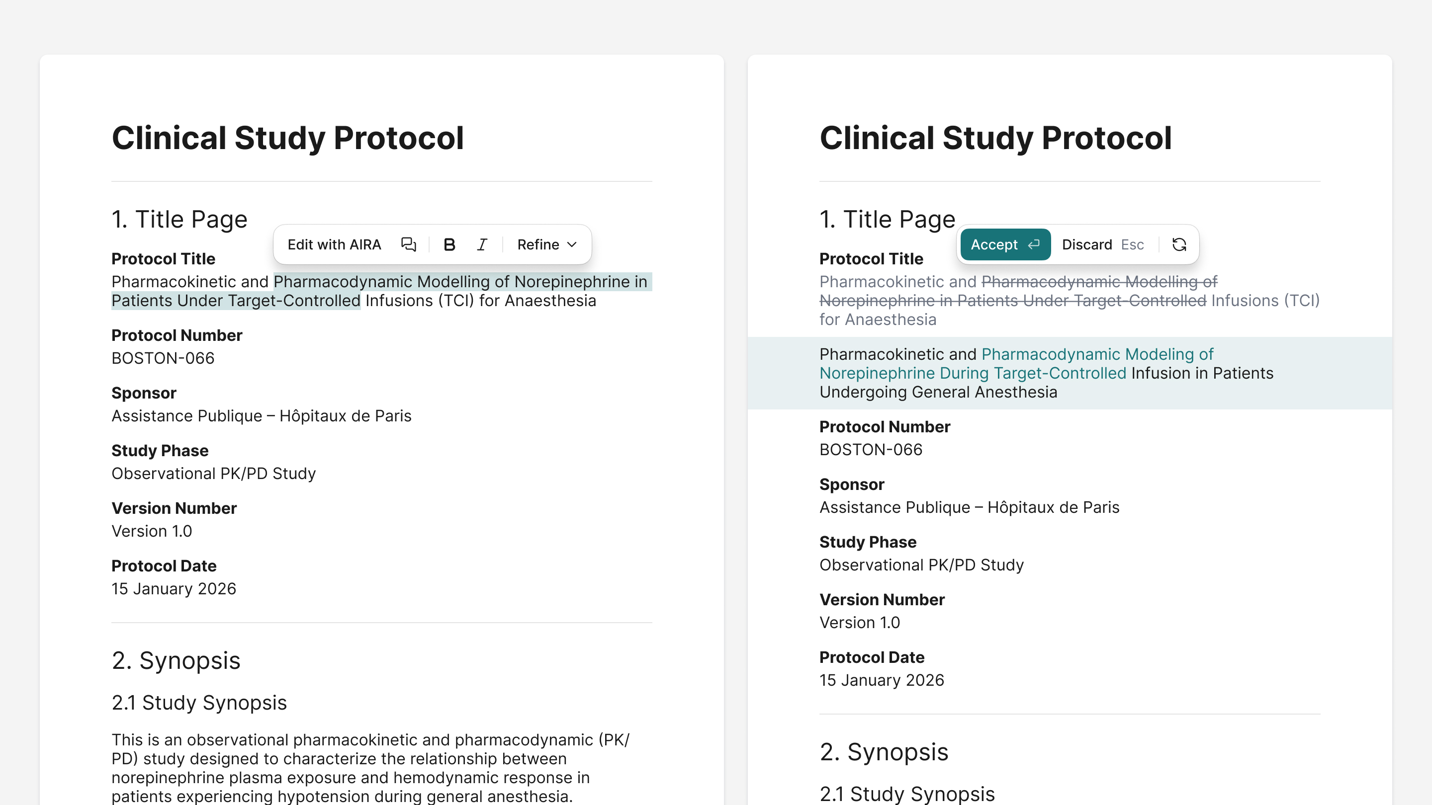 Clinical protocol document showing inline AI editing applied to selected text with review actions.