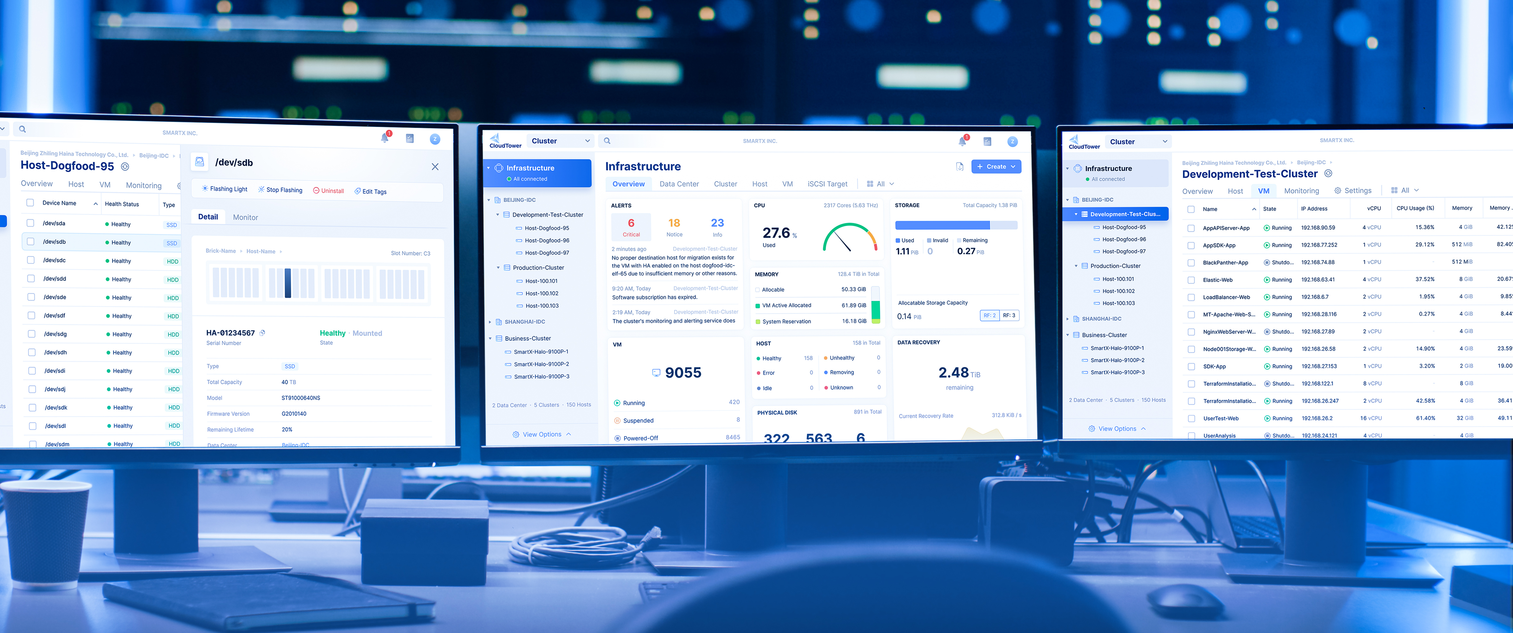 The CloudTower software interface is displayed on three monitors in front of the data center.