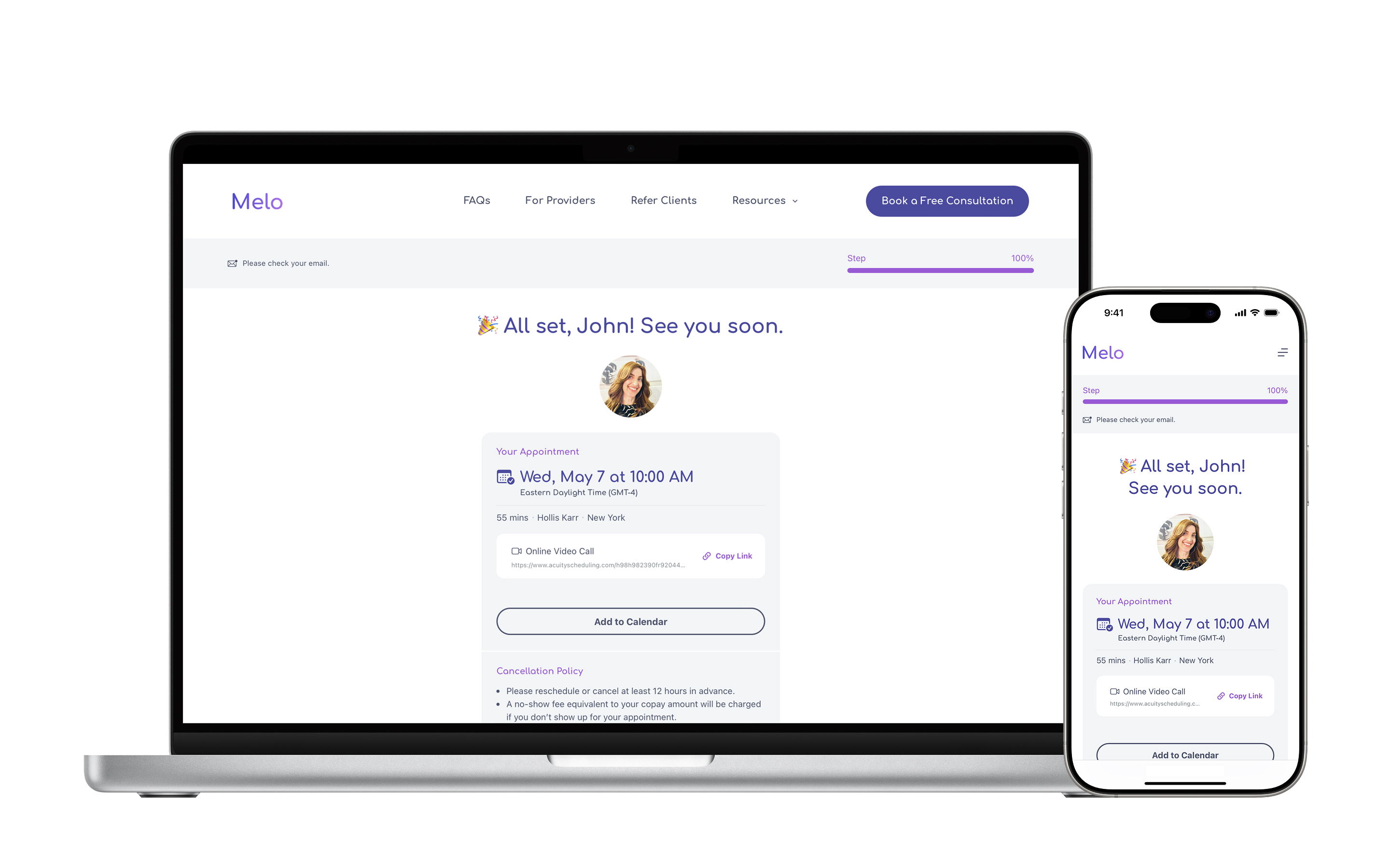 Custom confirmation screen with appointment details on desktop and mobile.
