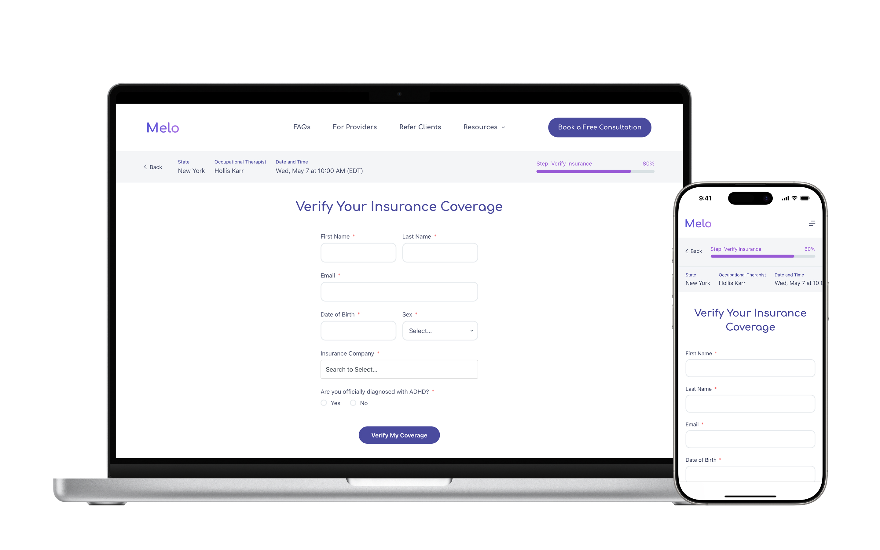 Insurance coverage form shown after therapist selection, with desktop and mobile views.