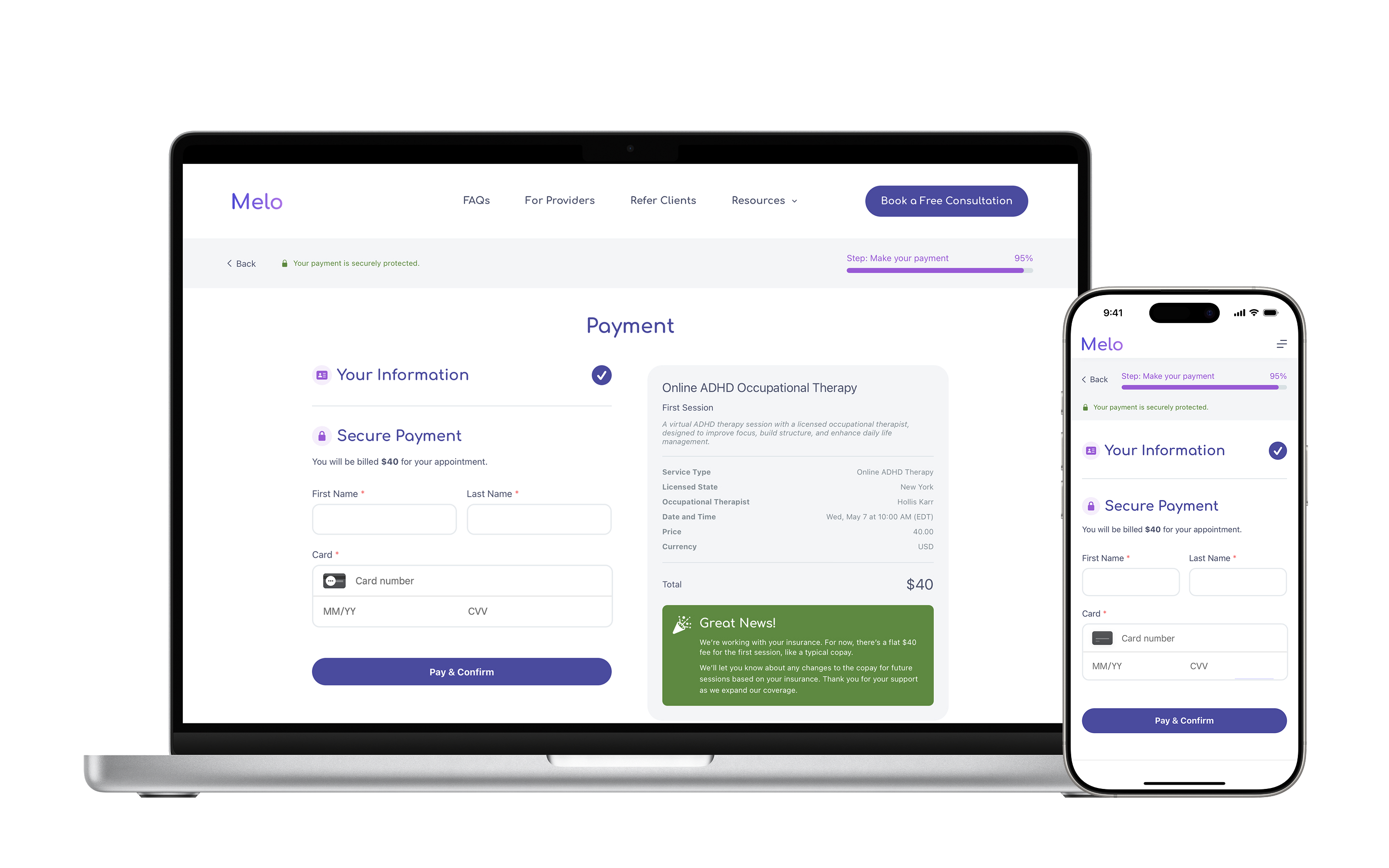 Desktop and mobile payment screens showing session billing and checkout, integrated via Square API.