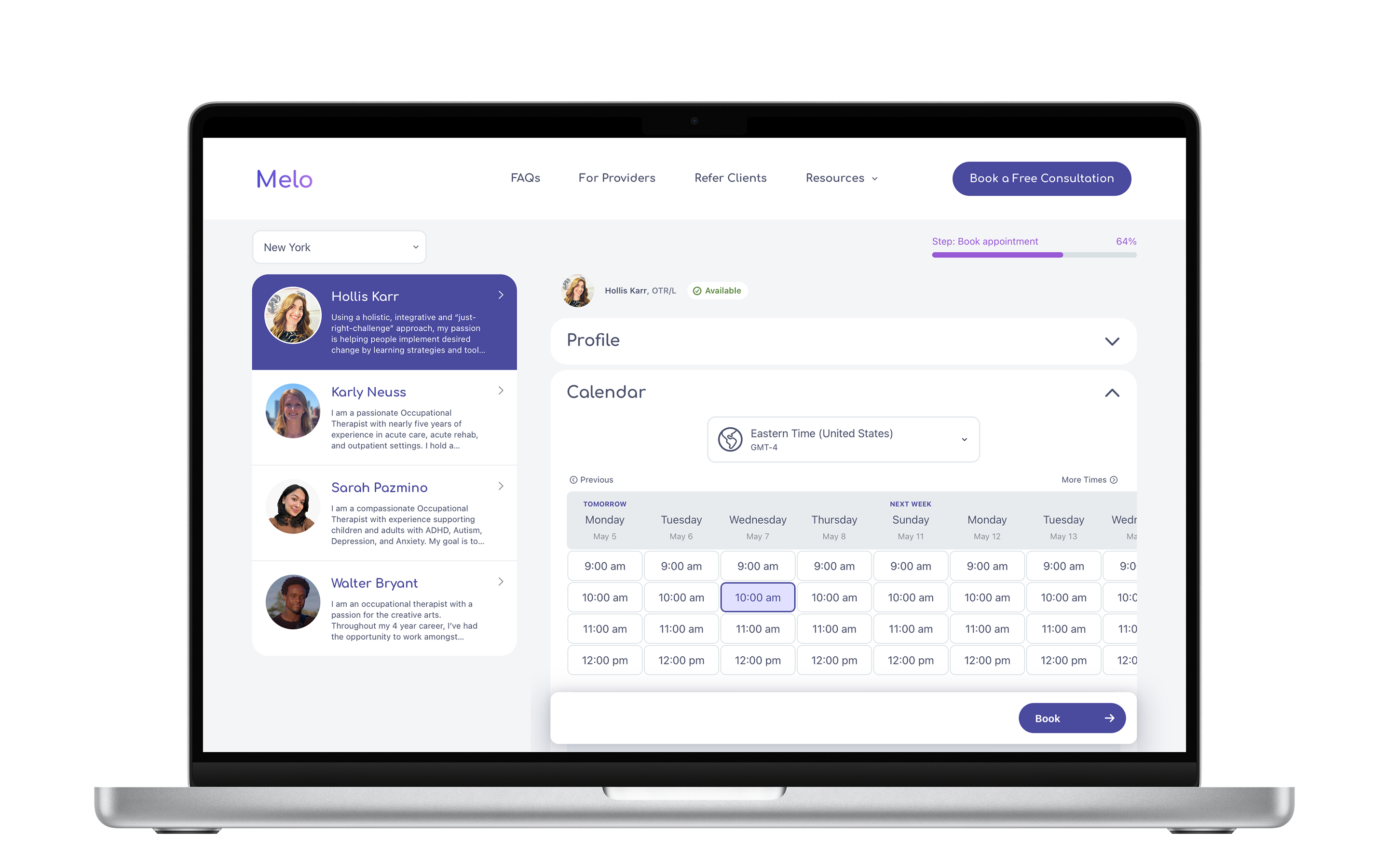 Desktop interface showing therapist list with location filter and calendar.