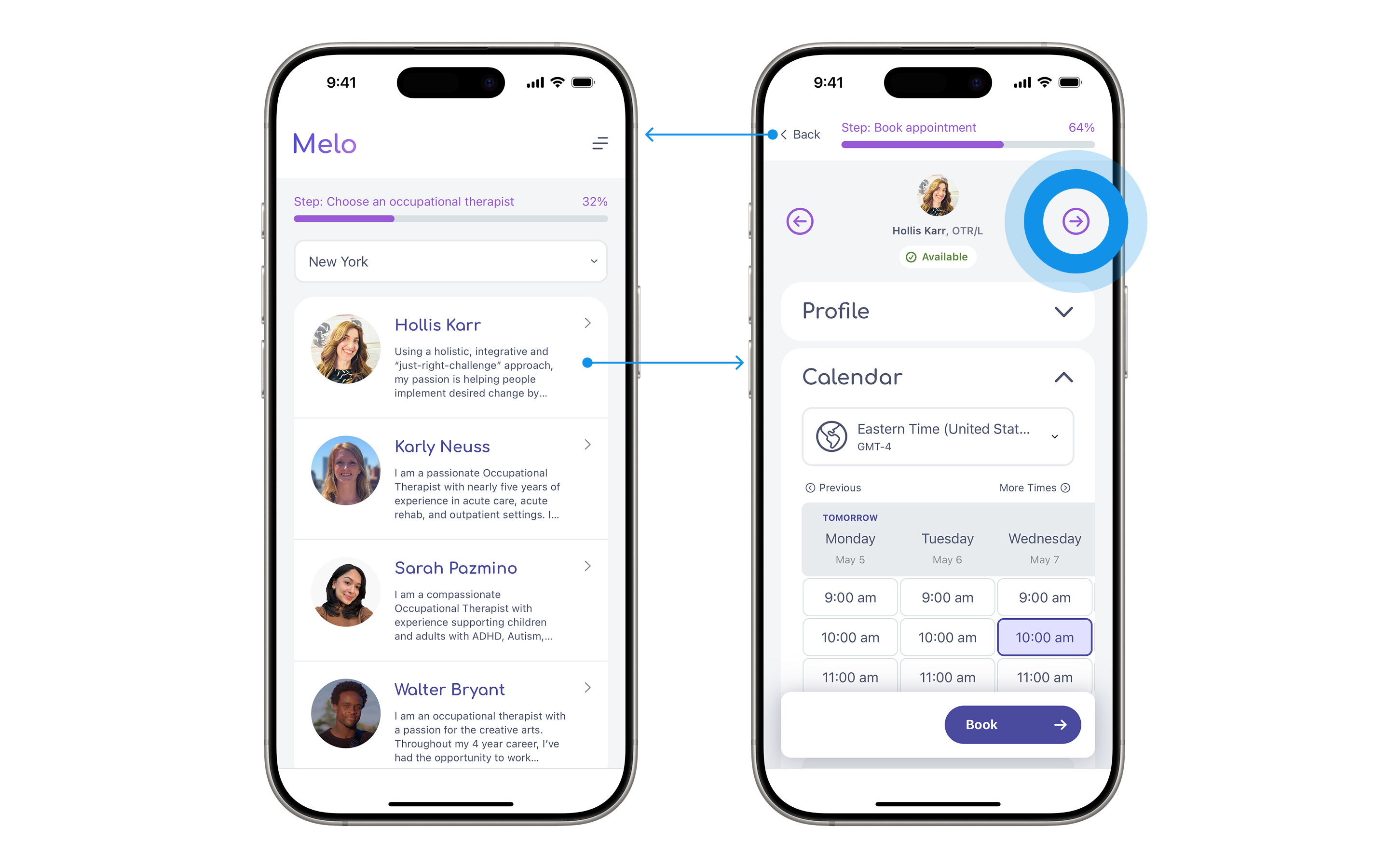 Mobile UI showing full-screen therapist detail with navigation arrows for switching profiles.
